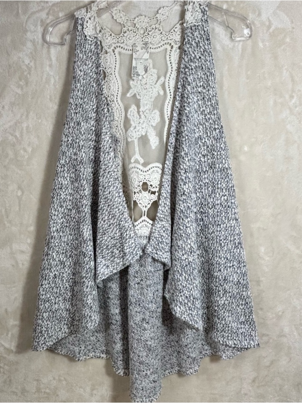 BLU PEPPER Crochet Lace Back Panel Draped Front Marled Knit Cardigan Vest
